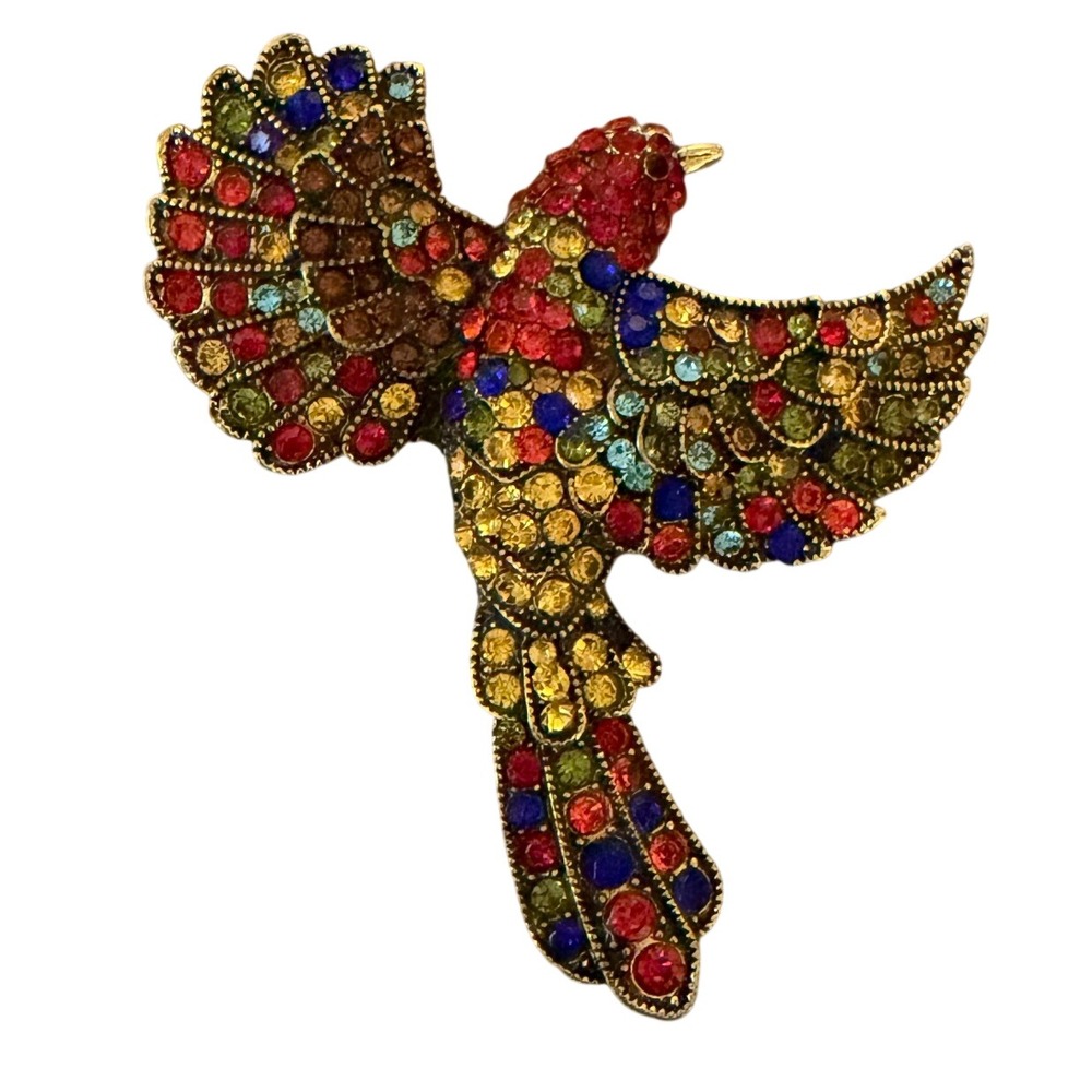 Large Vintage Style Rhinestone Bird Brooch Pin Multicolor Crystal Statement 3"